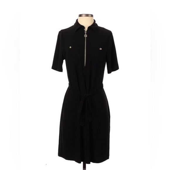 Anne Klein Casual Black Collared Quarter Zip Dress with Tie 10 0342 Size 4 - Picture 1 of 8